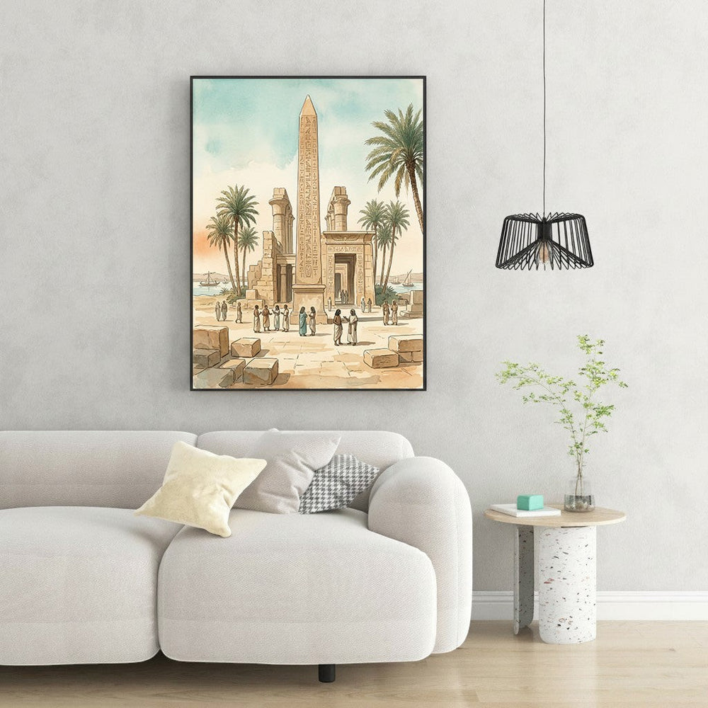 Wadi Home Ancient Egyptian temple scene watercolor art with obelisk, columns, palm trees, and figures. Historical decor.