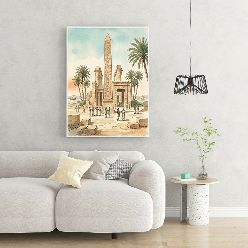 Wadi Home Ancient Egyptian temple scene watercolor art with obelisk, columns, palm trees, and figures. Desert landscape with water in background.