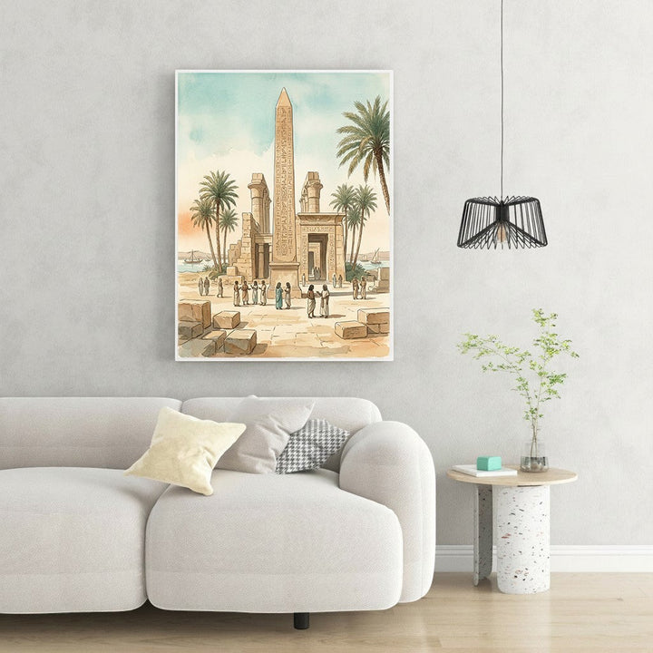 Wadi Home Ancient Egyptian temple scene watercolor art with obelisk, columns, palm trees, and figures. Desert landscape with water in background.