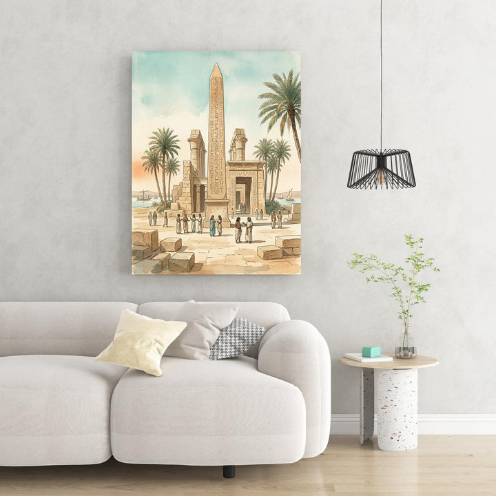 Wadi Home Ancient Egyptian temple scene watercolor art with obelisk, columns, palm trees, and figures. Depicts ruins and ancient Egyptian life.