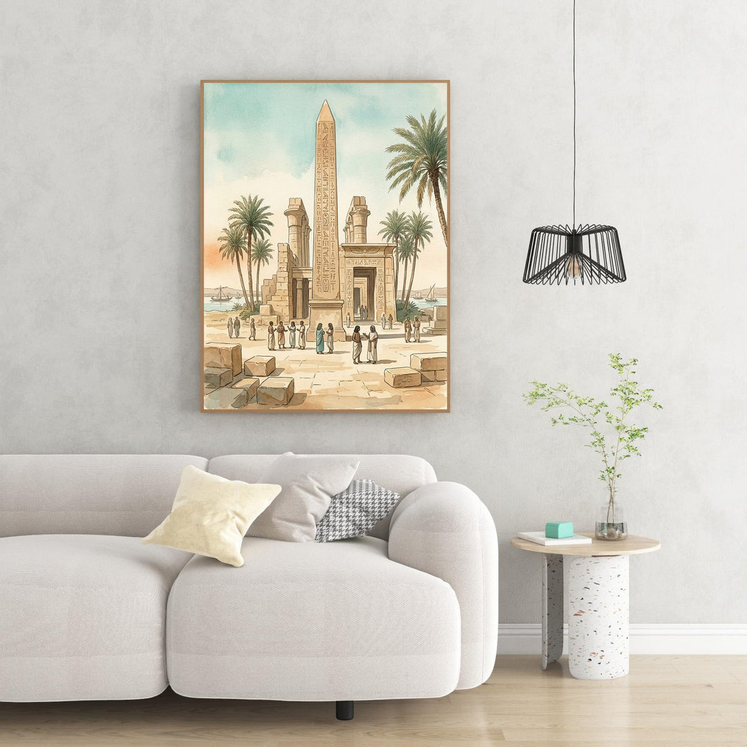 Wadi Home Ancient Egyptian temple scene wall art in watercolor style, featuring an obelisk, columns, palm trees, and figures.