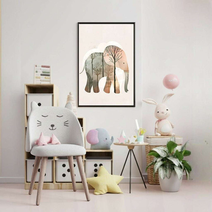 Wadi Home whimsical elephant forest landscape wall art for nursery. Gentle elephant silhouette filled with trees in earthy tones.