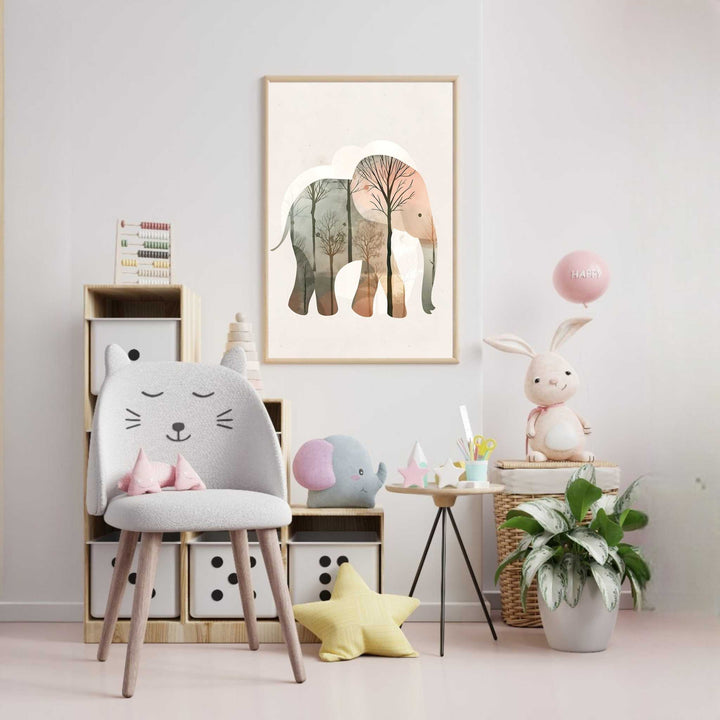 Wadi Home whimsical elephant art print filled with a forest scene in earthy tones. Perfect for nursery decor.
