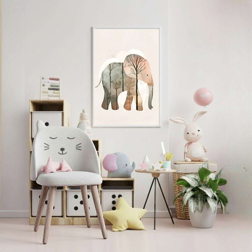 Wadi Home whimsical elephant forest landscape wall art for nursery, featuring a gentle elephant silhouette filled with a serene forest scene in earthy tones.