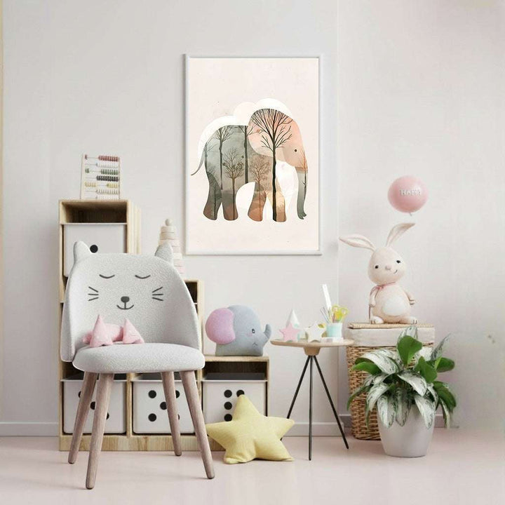 Wadi Home whimsical elephant forest landscape wall art for nursery, featuring a gentle elephant silhouette filled with a serene forest scene in earthy tones.