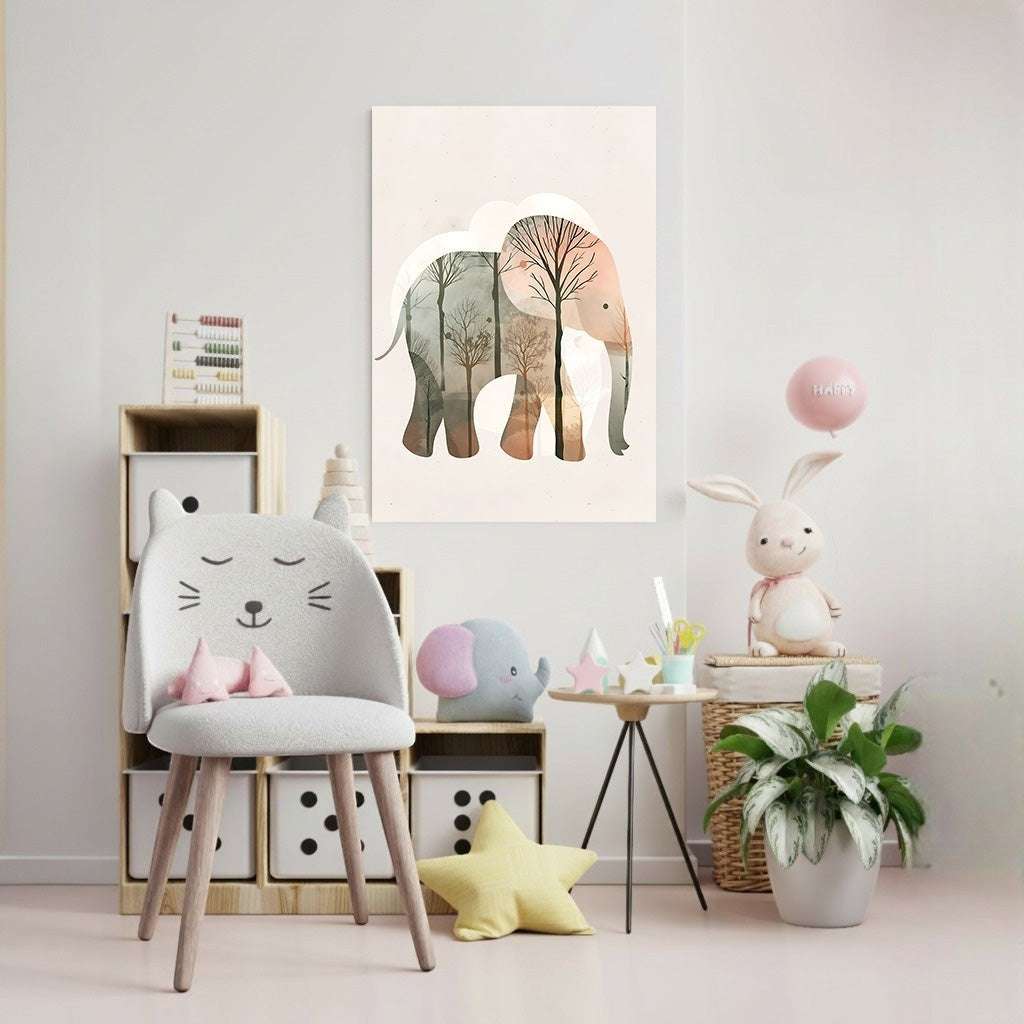 Wadi Home elephant forest landscape wall art with soft earthy tones, perfect for a child's room.
