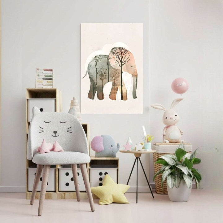 Wadi Home elephant forest landscape wall art with soft earthy tones, perfect for a child's room.