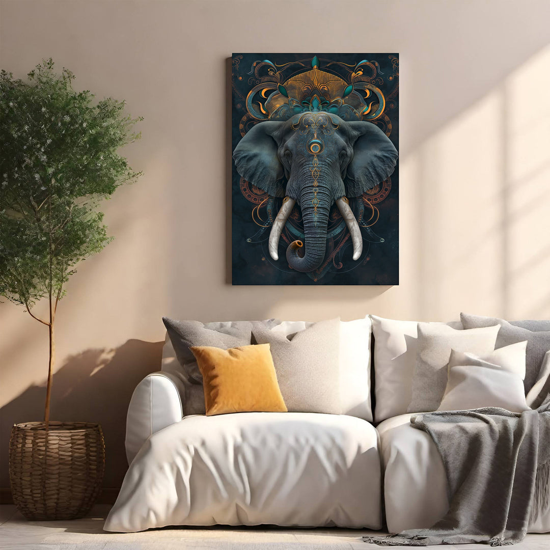 Wadi Home majestic elephant portrait canvas art with gold and teal accents, detailed face and ornate decorations.
