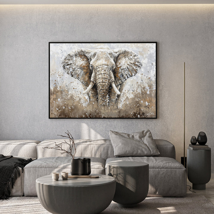 Wadi Home elephant portrait wall art in earthy tones of brown, beige, and grey with abstract splattered background.
