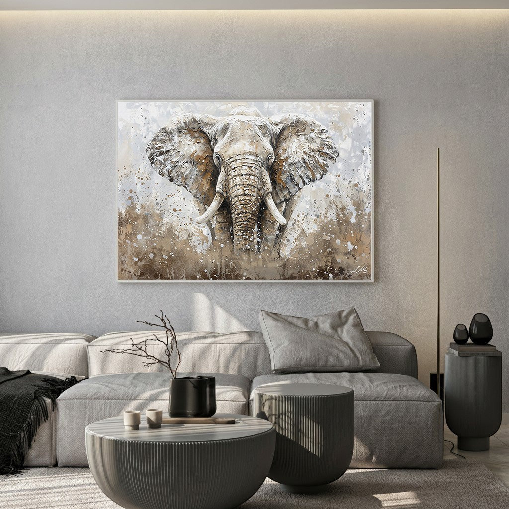 Wadi Home majestic elephant portrait wall art in earthy tones with abstract splattered background.