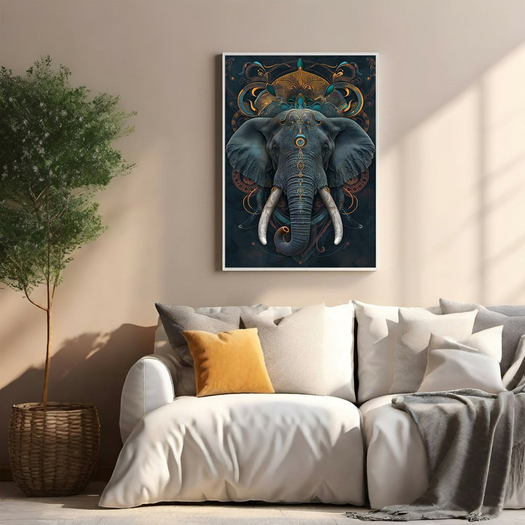Wadi Home majestic elephant portrait wall art with gold and teal accents, detailed face and ornate decorations.