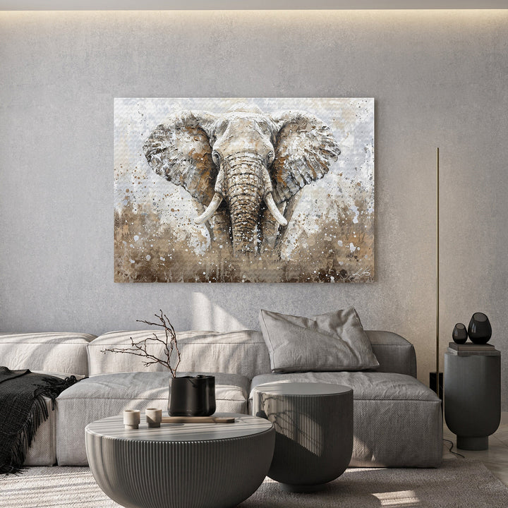 Wadi Home elephant portrait wall art in earthy tones with abstract splattered background. Textured depiction of an elephant's face.