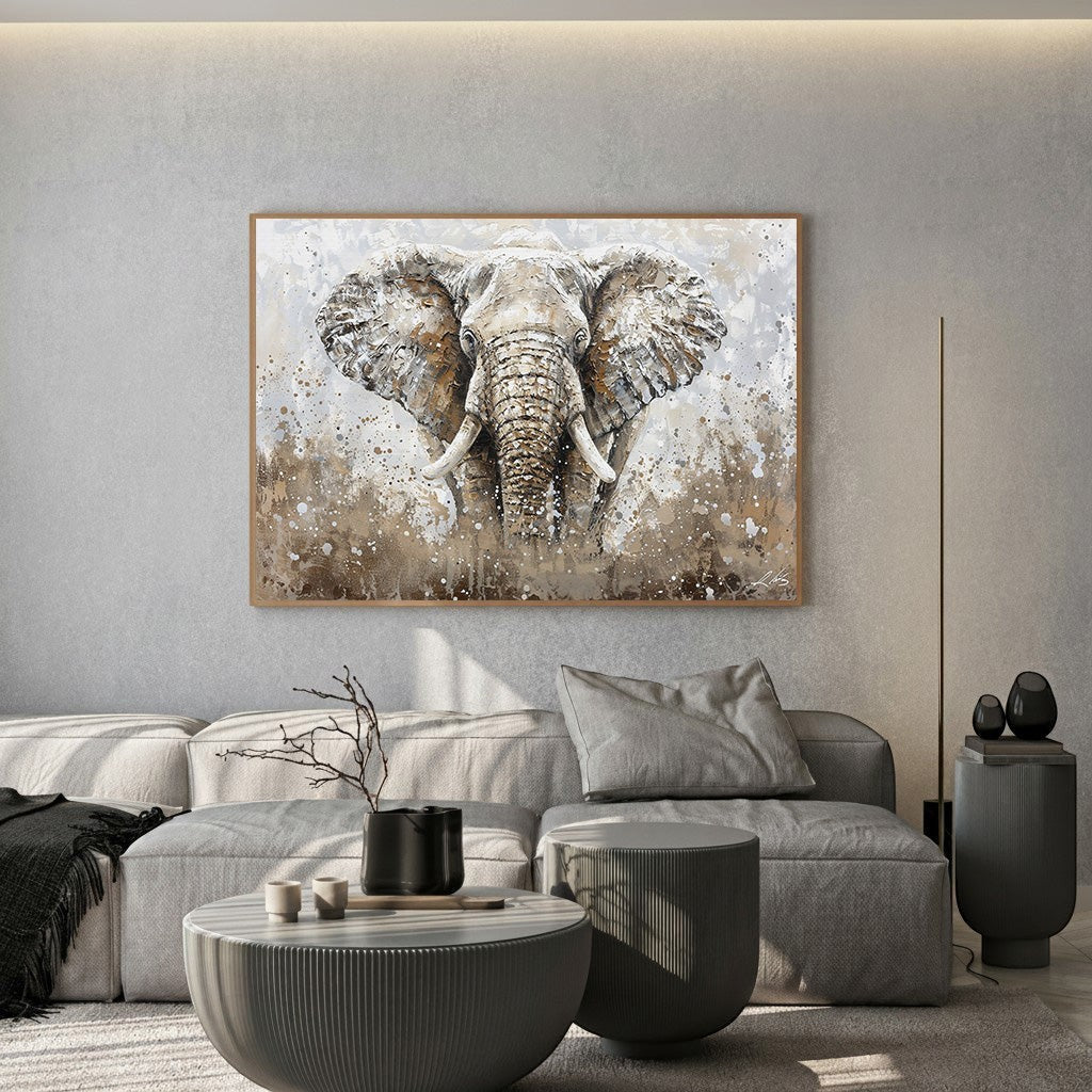 Wadi Home elephant portrait wall art in earthy tones with abstract splattered background. Textured depiction of an elephant's face.