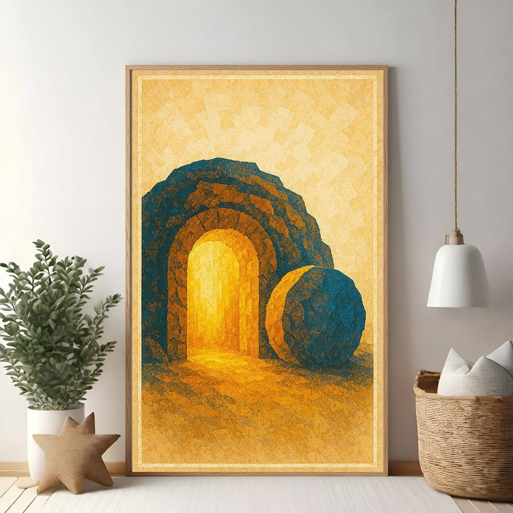 Wadi Home abstract wall art of the Empty Tomb with golden light, blue stone, and textured finish.