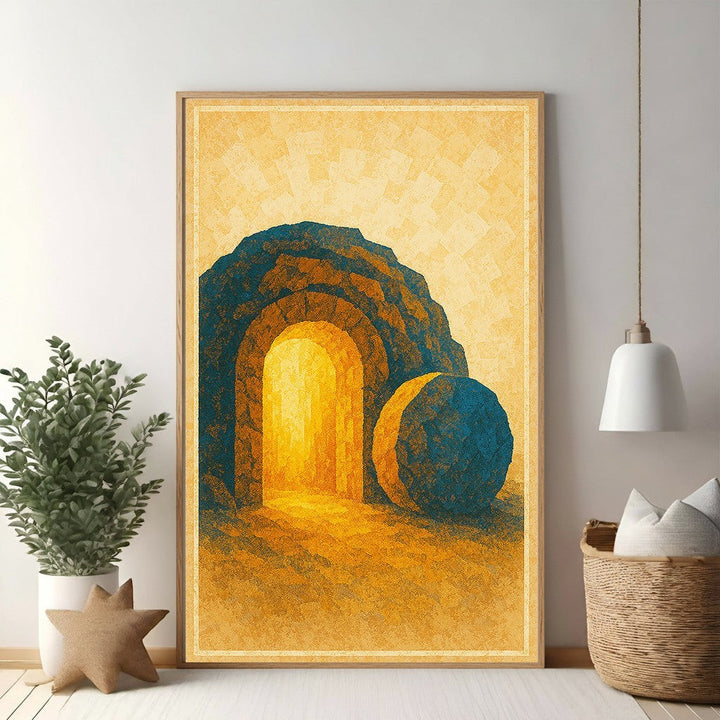 Wadi Home abstract wall art of the Empty Tomb with golden light, blue stone, and textured finish.
