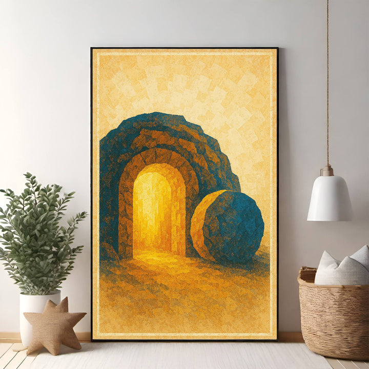 Wadi Home abstract wall art of the Empty Tomb with golden light, blue stone, and textured yellow background.