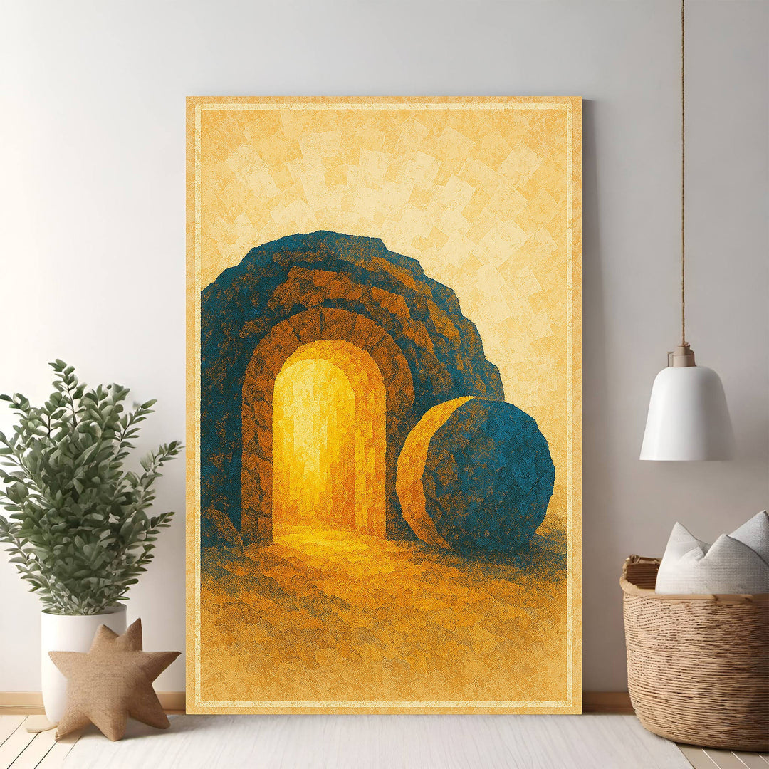 Wadi Home abstract wall art of the Empty Tomb with golden light, blue stone, and textured yellow background.