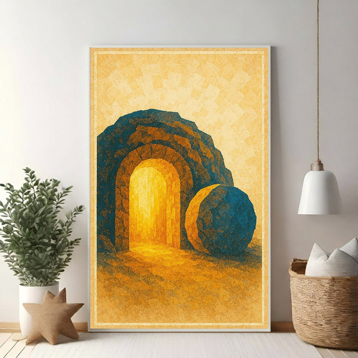 Wadi Home abstract wall art of the Empty Tomb with golden light, blue stone, and rolled away stone.