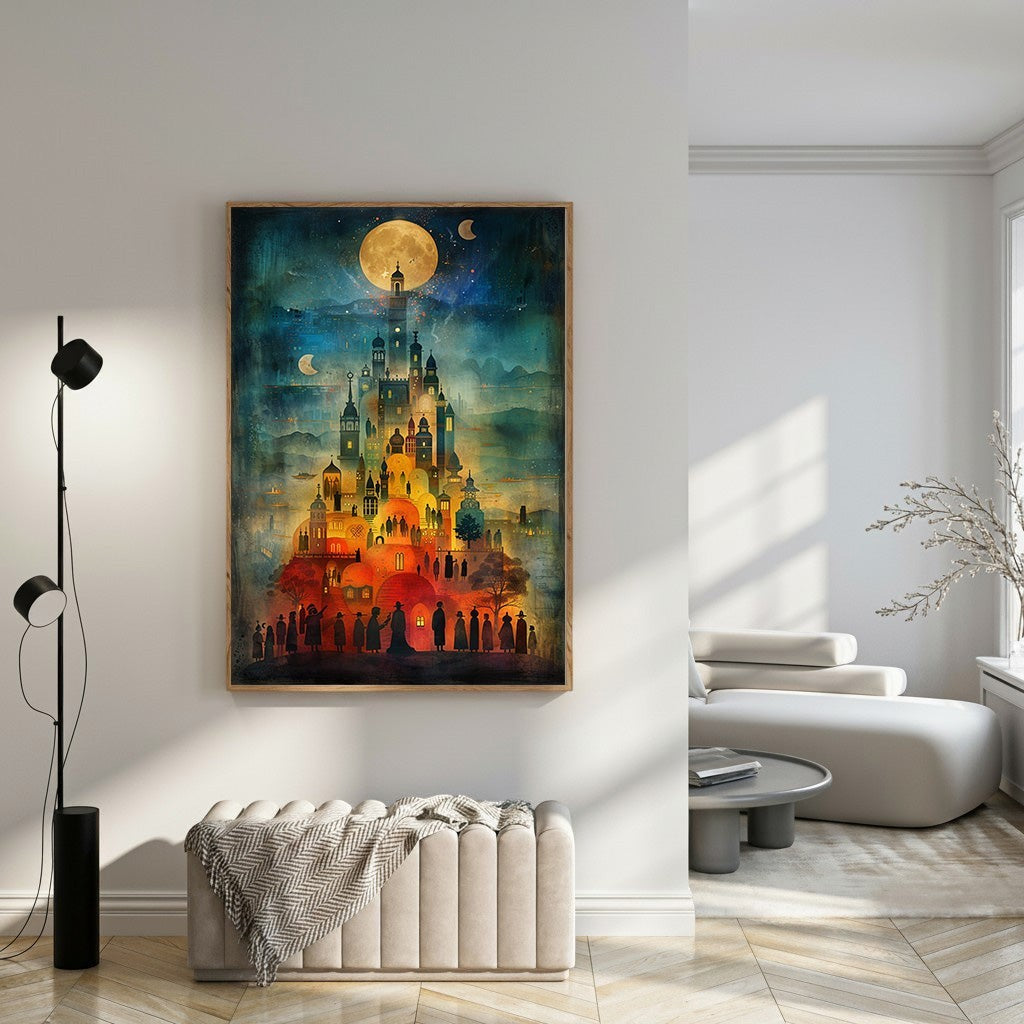 Wadi Home Enchanted Castle Under The Moon art print, a vibrant fantasy castle under a full moon with stars and crescent moons.