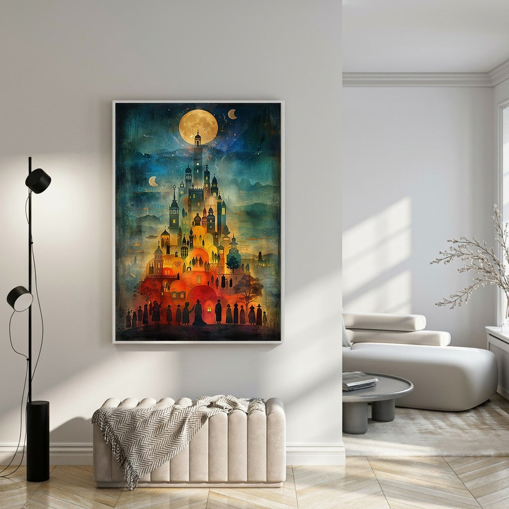 Wadi Home Enchanted Castle Under The Moon art print, a fantastical castle under a full moon with a starry twilight sky.