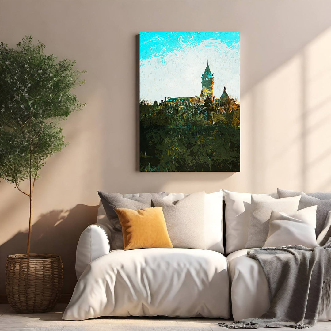 Wadi Home European castle landscape wall art with painterly style, blue sky, green hill, and a tower.
