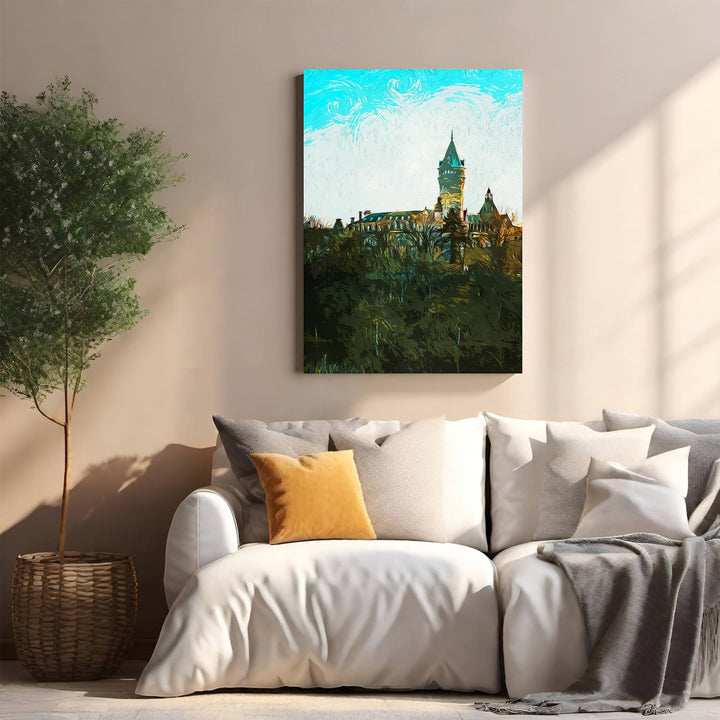 Wadi Home European castle landscape wall art with painterly style, blue sky, green hill, and a tower.