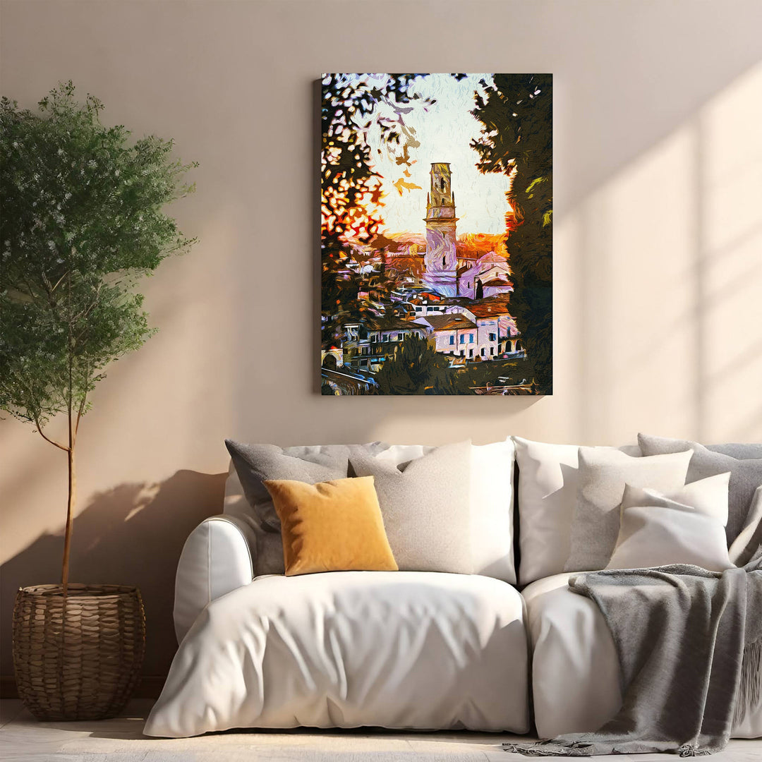 Wadi Home European cityscape wall art with tower at sunset, painterly style.