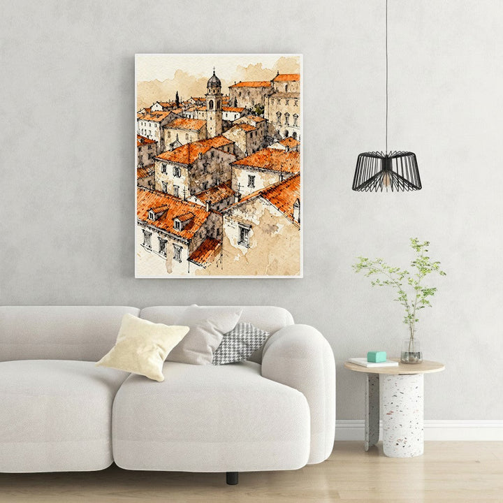 Wadi Home European cityscape watercolor art with terracotta rooftops and bell tower. Detailed ink lines and warm washes.