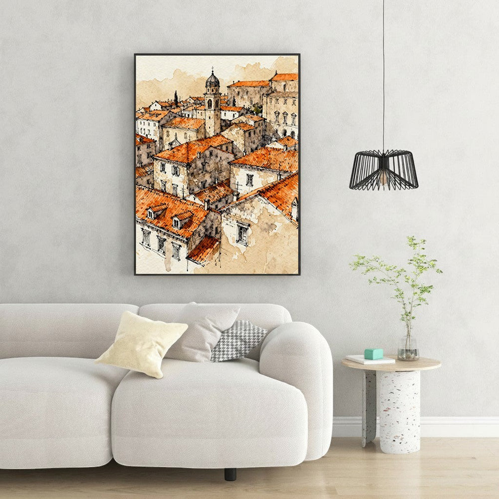 Wadi Home European cityscape watercolor art with terracotta rooftops and bell tower. Detailed ink lines and warm washes.