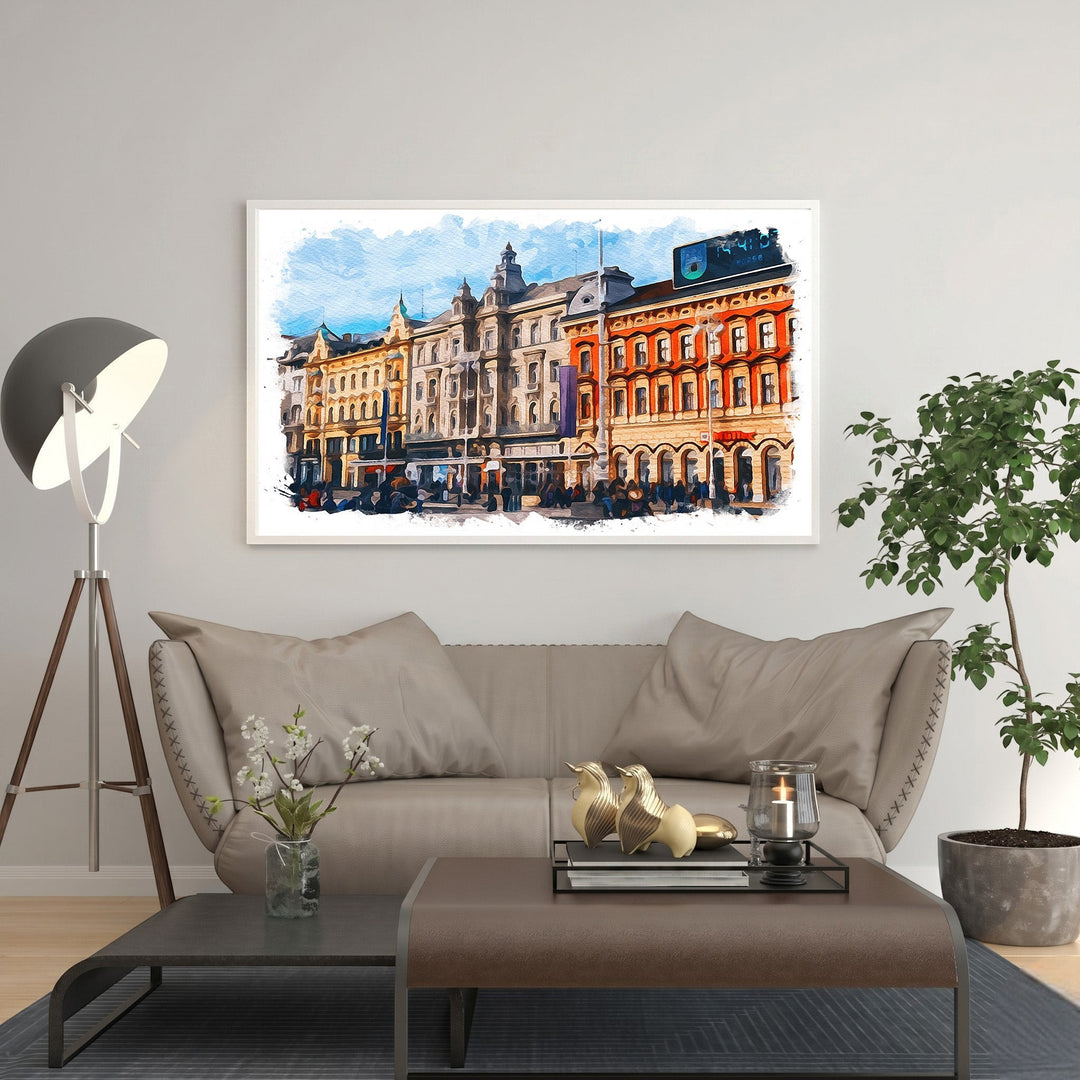 Wadi Home European cityscape watercolor art with detailed architecture and vibrant colors, framed in white.