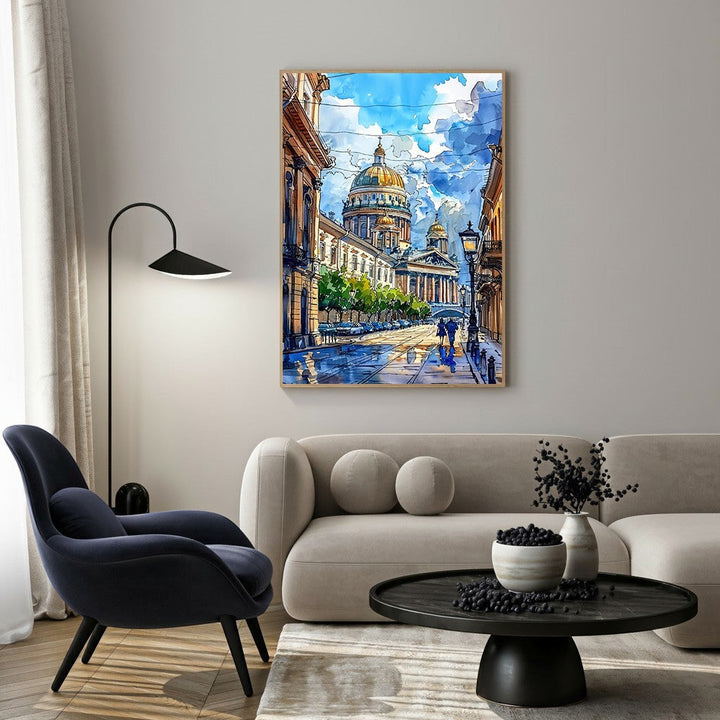 Wadi Home European cityscape watercolor art with golden domes and blue sky, displayed in a modern living room.