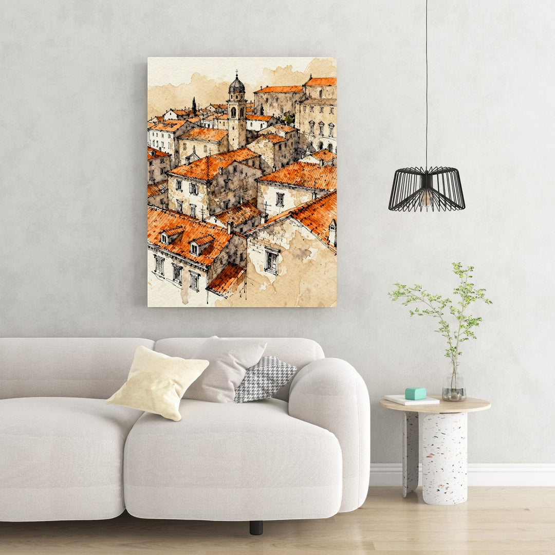 Wadi Home European cityscape watercolor art with terracotta rooftops and bell tower. Detailed ink lines and warm tones.