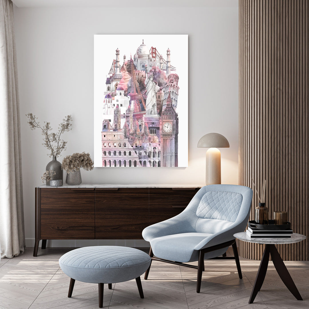Wadi Home European Cityscape watercolor art print featuring a collage of landmarks in pastel pinks and purples.