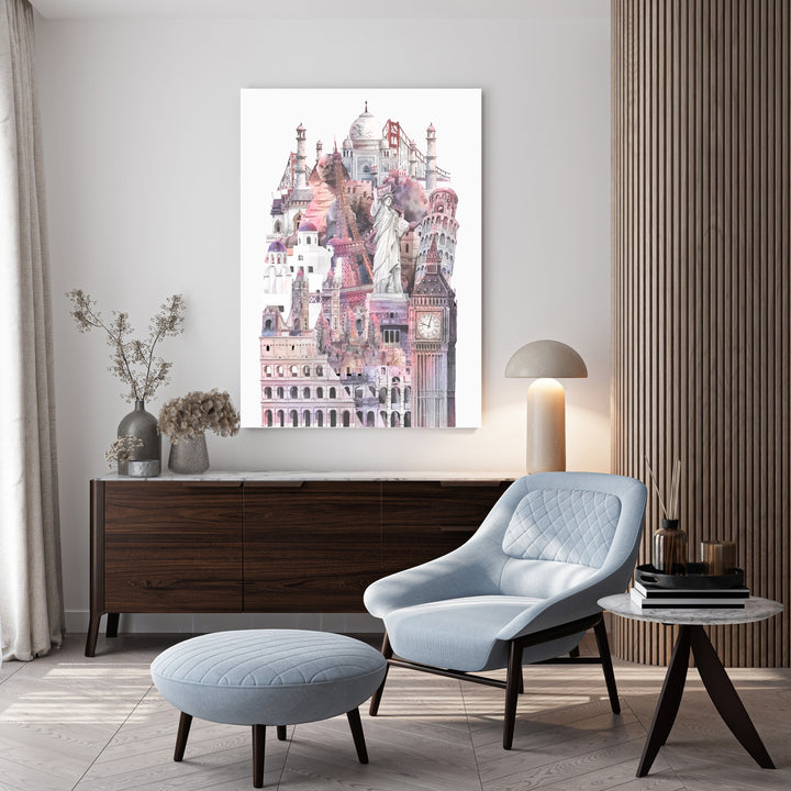 Wadi Home European Cityscape watercolor art print featuring a collage of landmarks in pastel pinks and purples.