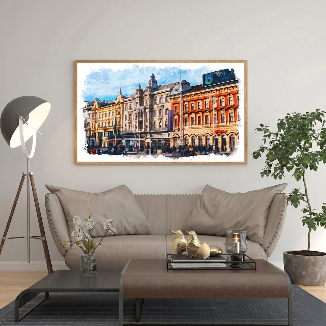 Wadi Home European cityscape watercolor art print featuring detailed architecture in warm tones and a bright blue sky.