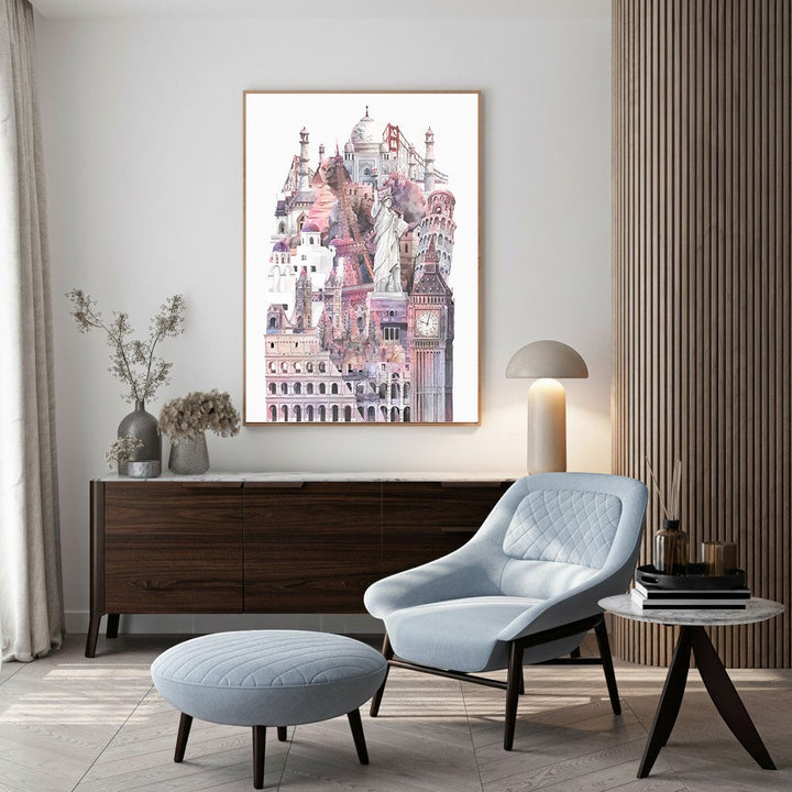 Wadi Home European cityscape watercolor art print with pastel colors featuring iconic landmarks like the Eiffel Tower and Big Ben.
