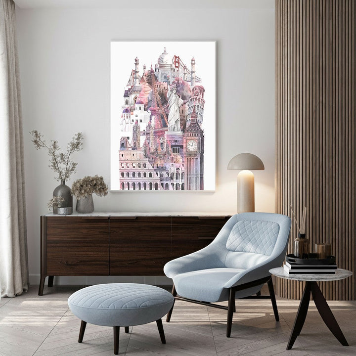 Wadi Home European Cityscape watercolor art print featuring iconic landmarks in pastel colors.