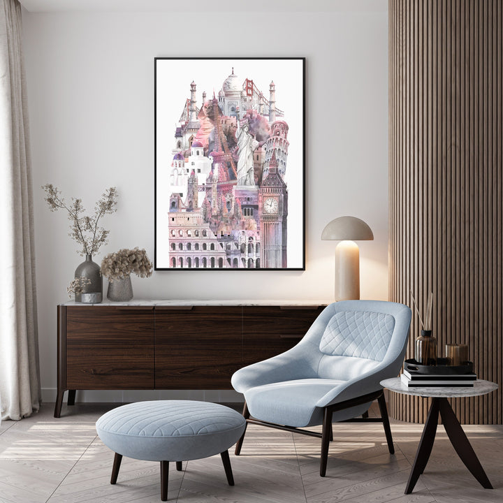 Wadi Home European Cityscape Watercolor Wall Art featuring a collage of landmarks in pastel colors.