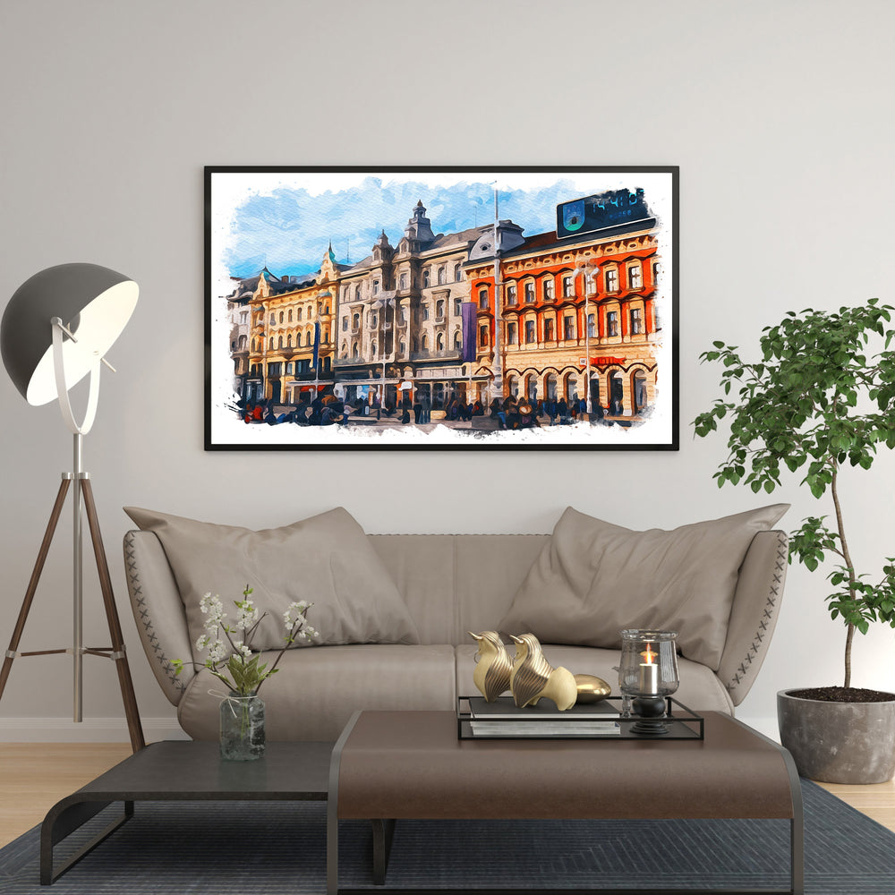Wadi Home European cityscape watercolor wall art featuring detailed architecture and vibrant colors, framed in black.