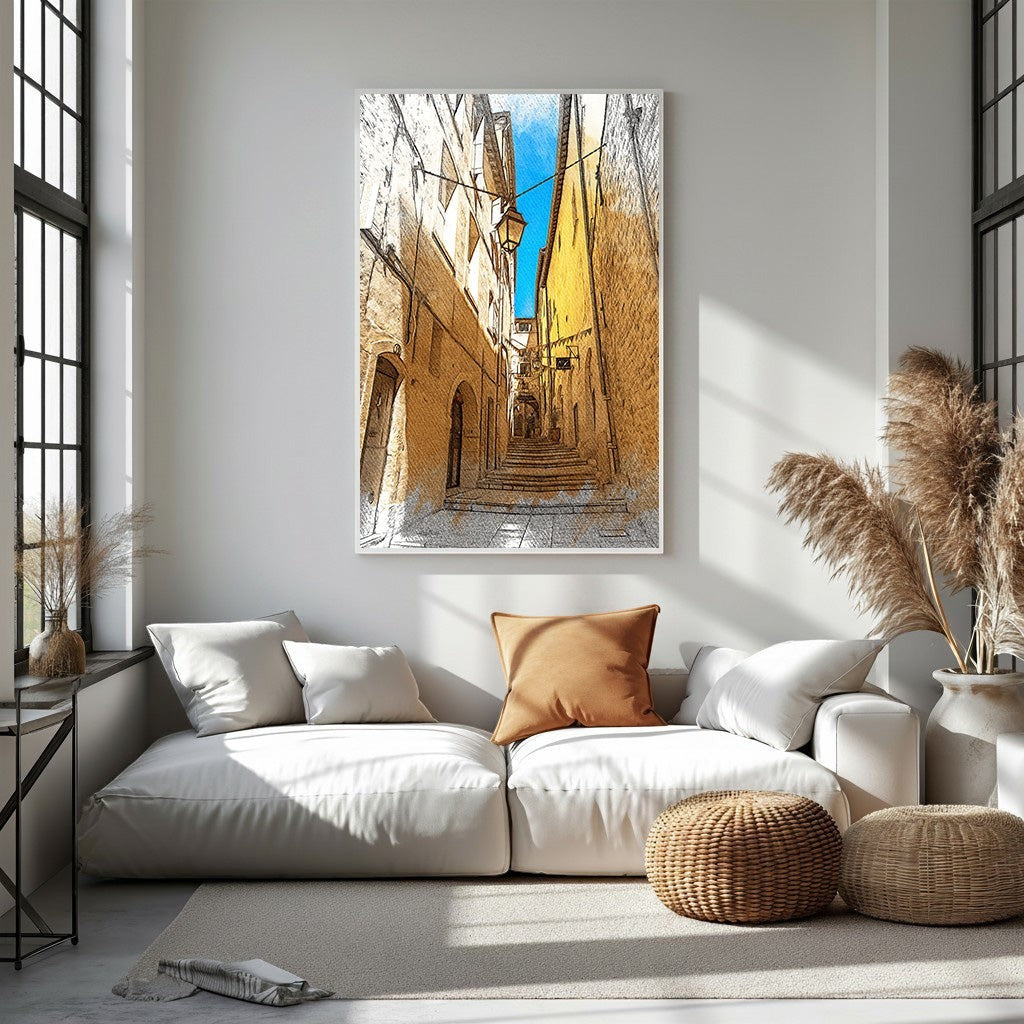 Wadi Home European city street staircase artwork with sketch-like style, yellow buildings, and blue sky.
