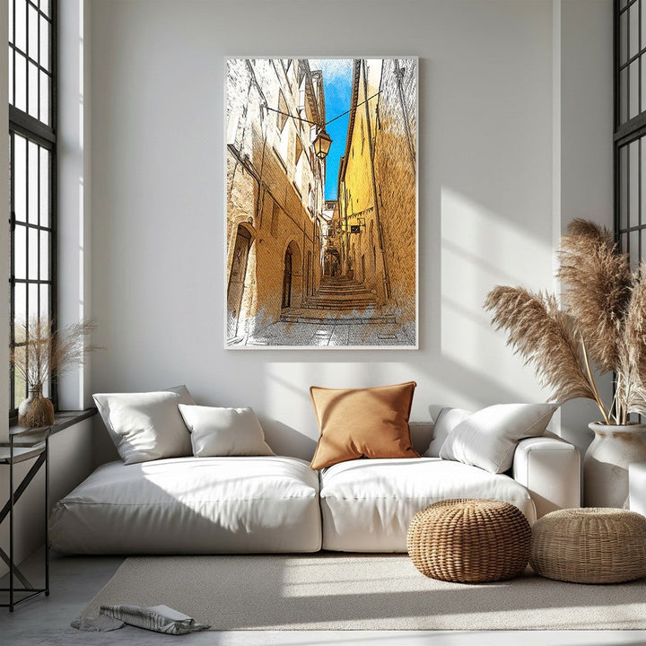 Wadi Home European city street staircase artwork with sketch-like style, yellow buildings, and blue sky.
