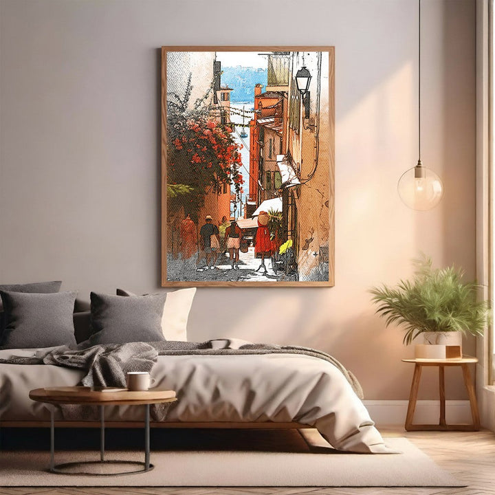Wadi Home European street scene watercolor art with blooming flowers and quaint storefronts.