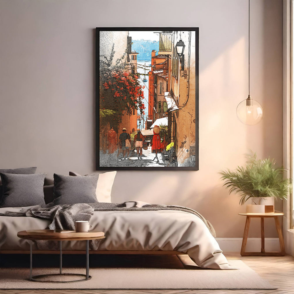 Wadi Home European street scene watercolor art with flowers and storefronts, depicting a sunny alleyway with people.