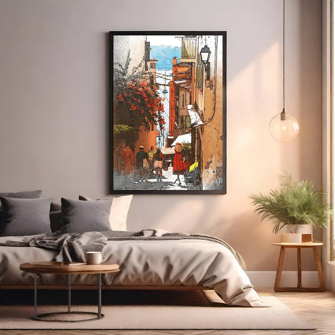 Wadi Home European street scene watercolor art with flowers and storefronts, depicting a sunny alleyway with people.