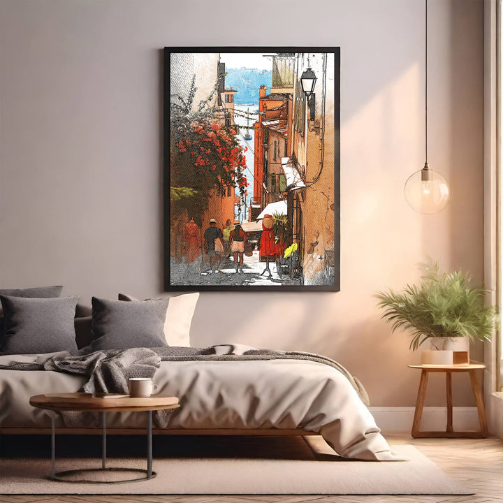 Wadi Home European street scene watercolor art with flowers and storefronts, depicting a sunny alleyway with people.