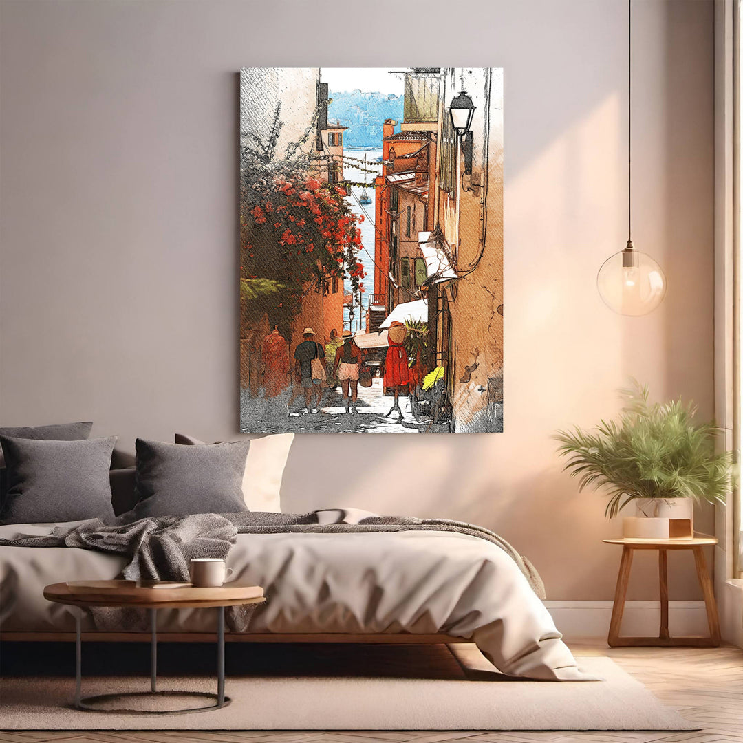 Wadi Home European street scene wall art with watercolor sketch style, featuring a sun-drenched alleyway, red flowers, and quaint storefronts.
