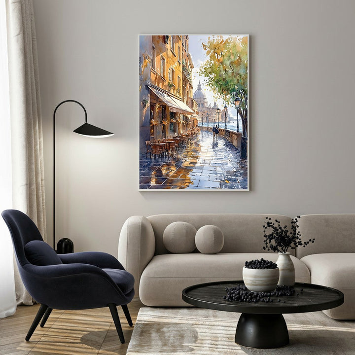 Wadi Home European city street scene watercolor painting with cafe and cobblestones.
