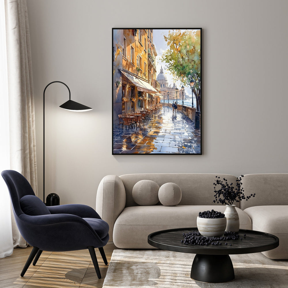 Wadi Home European city street scene watercolor painting with cafe and cobblestones.