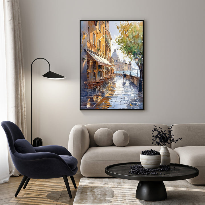 Wadi Home European city street scene watercolor painting with cafe and cobblestones.