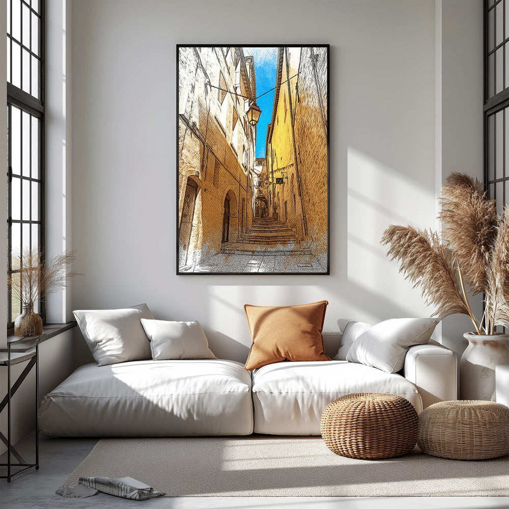 Wadi Home European city street staircase artwork with sketch-like style, depicting a sun-drenched alleyway with stone steps and buildings.
